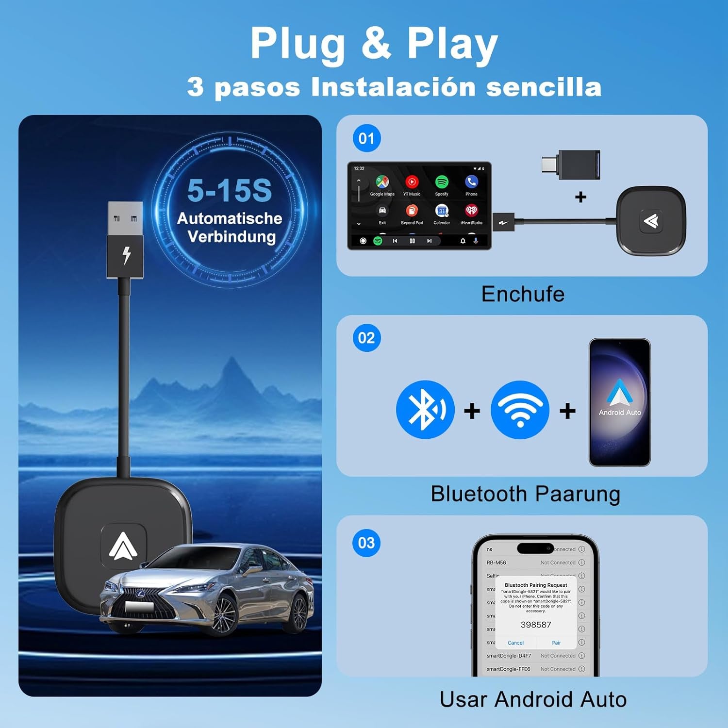 Android Auto Wireless Adapter,Wireless Android Auto Car Adapter/Dongle,2024 Upgraded Version,Suitable for All Cars Factory Wired Android Auto,Plug and Play,Low Latency,Easy to Install